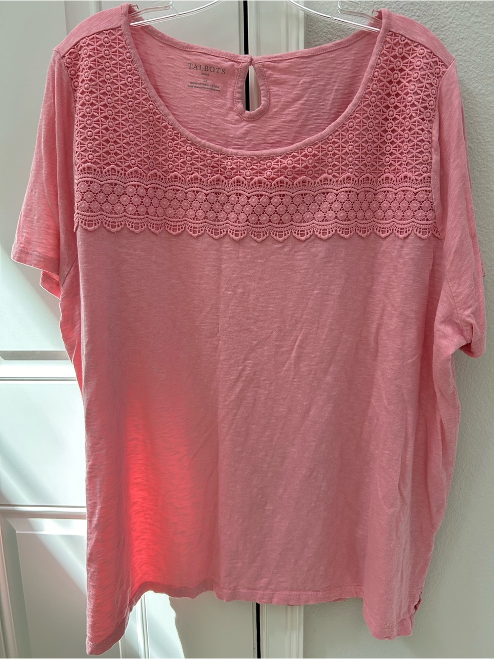 Talbots Pink Short Sleeve Top with Crochet Yoke